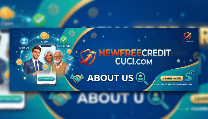 Professional About Us banner for New Free Credit Cuci website, featuring financial rewards and trusted service icons in a blue and gold theme.